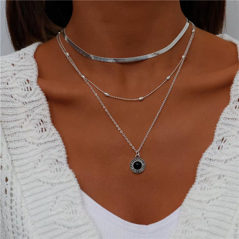 Bohemian Multi Layered Necklace for Women Vintage Portrait Coin Star Moon Pendant Necklace Geometric Collier Collares