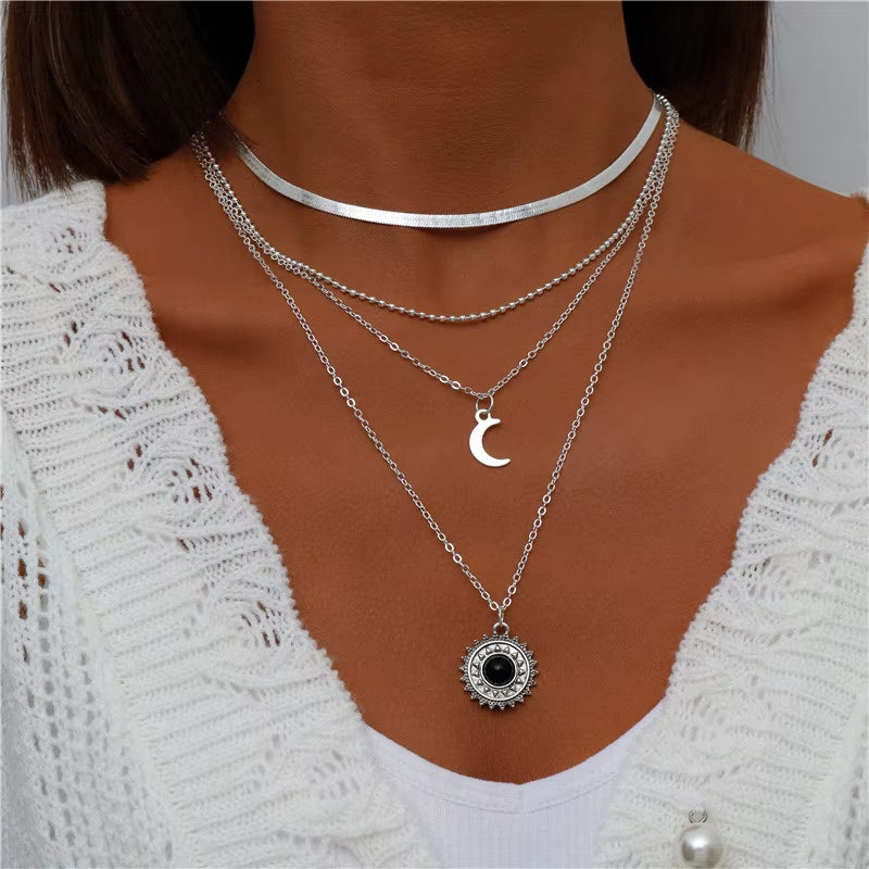 Bohemian Multi Layered Necklace for Women Vintage Portrait Coin Star Moon Pendant Necklace Geometric Collier Collares