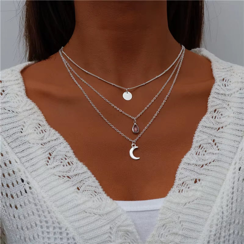 Bohemian Multi Layered Necklace for Women Vintage Portrait Coin Star Moon Pendant Necklace Geometric Collier Collares