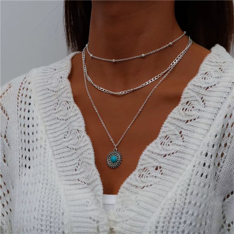 Bohemian Multi Layered Necklace for Women Vintage Portrait Coin Star Moon Pendant Necklace Geometric Collier Collares
