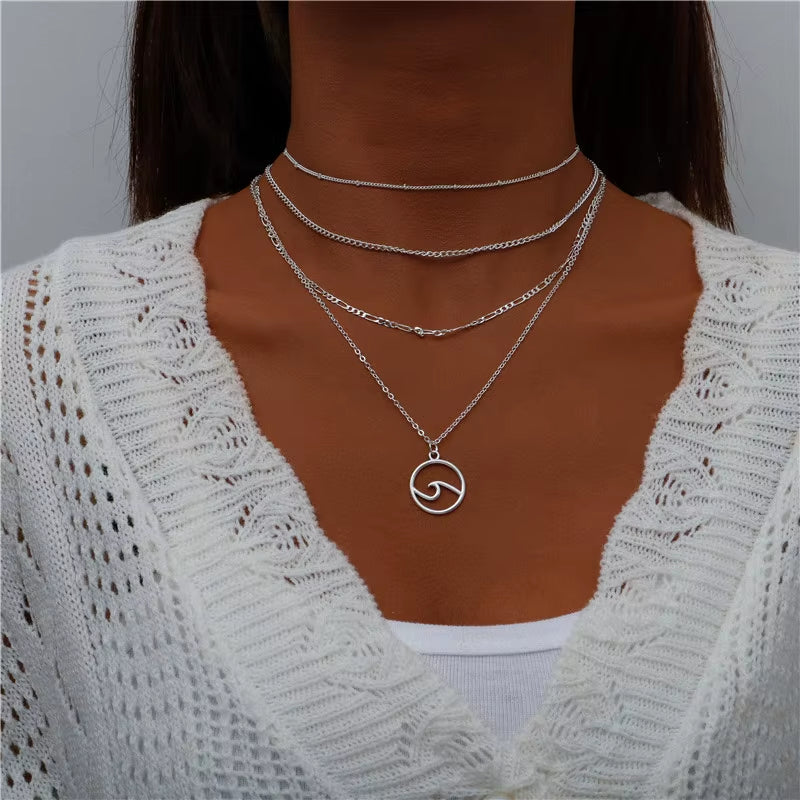 Bohemian Multi Layered Necklace for Women Vintage Portrait Coin Star Moon Pendant Necklace Geometric Collier Collares