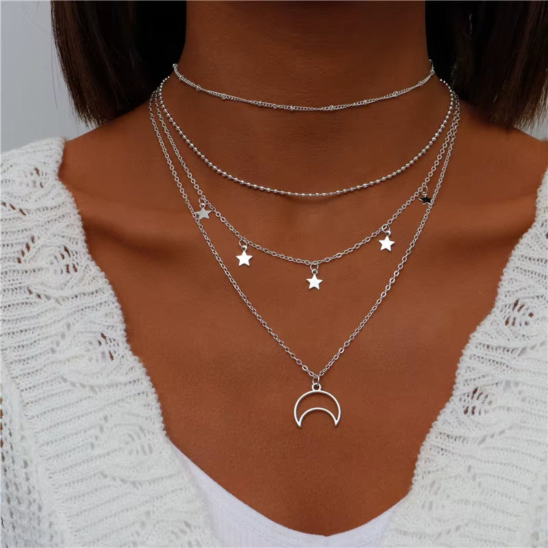 Bohemian Multi Layered Necklace for Women Vintage Portrait Coin Star Moon Pendant Necklace Geometric Collier Collares