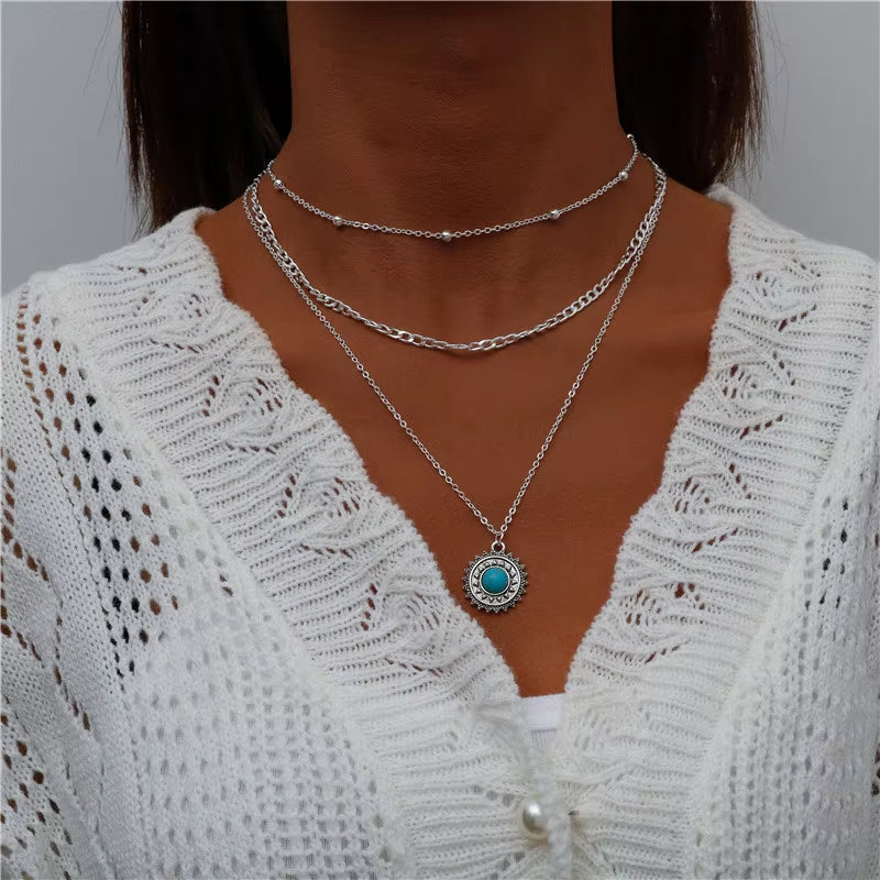 Bohemian Multi Layered Necklace for Women Vintage Portrait Coin Star Moon Pendant Necklace Geometric Collier Collares